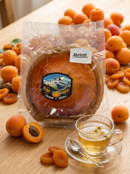 Tarte briochée pur beurre à l’abricot La Capucinoise, dessert artisanal des Hautes-Alpes doux moelleux traditionnel