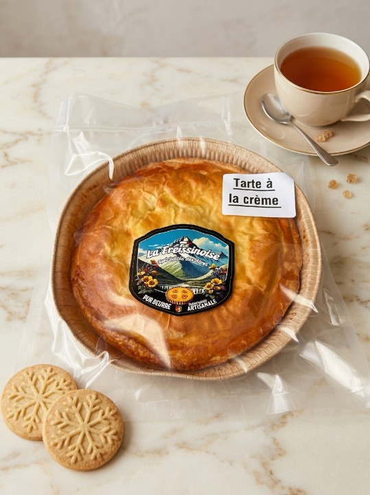 Savourer notre tarte à la crème artisanale des Hautes-Alpes, à la texture fondante et généreusement gourmande